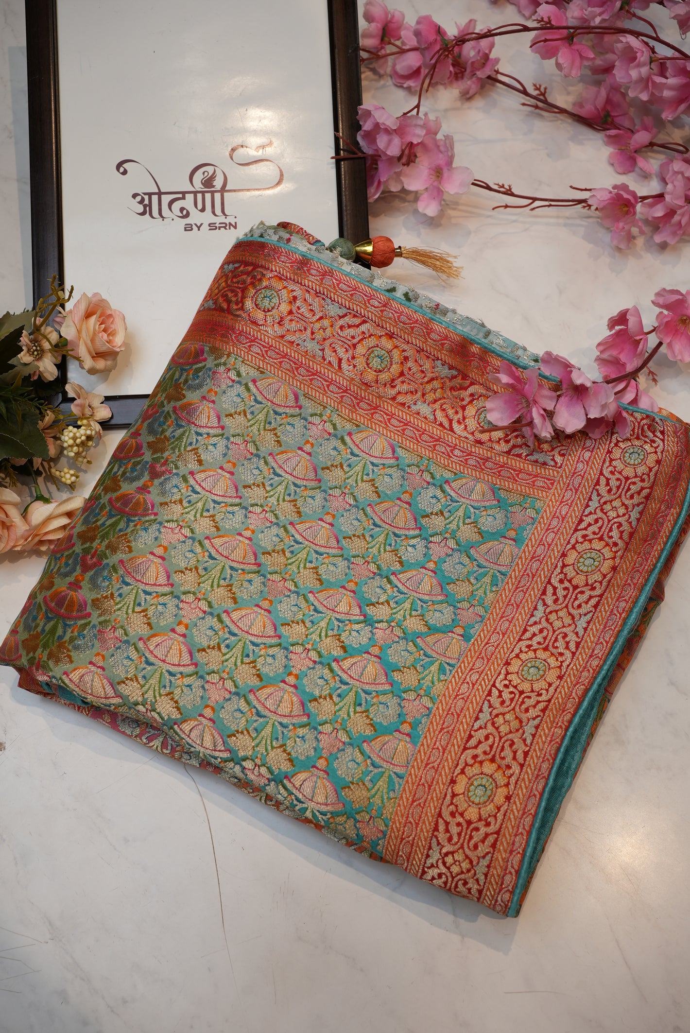 Position print ombre shading saree with patola pattern and contrast blouse ##SR098