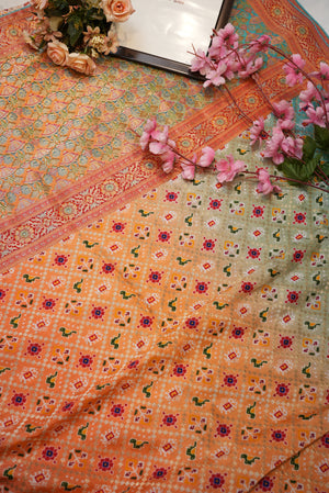 Position print ombre shading saree with patola pattern and contrast blouse ##SR098