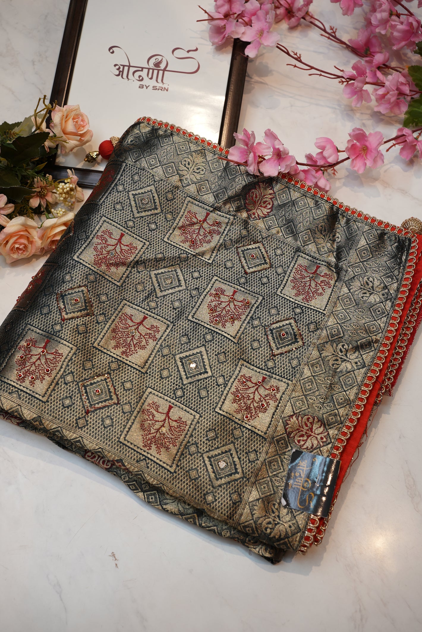 Jacquard silk saree with contrast hanwork blouse design and rich pallu ##SR099