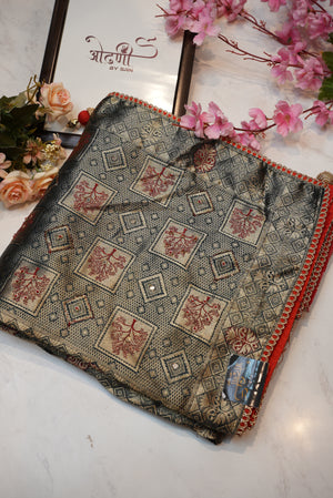 Jacquard silk saree with contrast hanwork blouse design and rich pallu ##SR099