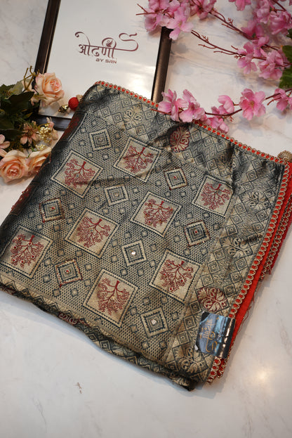 Jacquard silk saree with contrast hanwork blouse design and rich pallu ##SR099