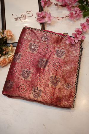 Jacquard silk saree with contrast hanwork blouse design and rich pallu ##SR099