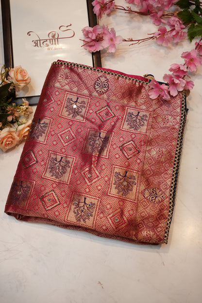 Jacquard silk saree with contrast hanwork blouse design and rich pallu ##SR099