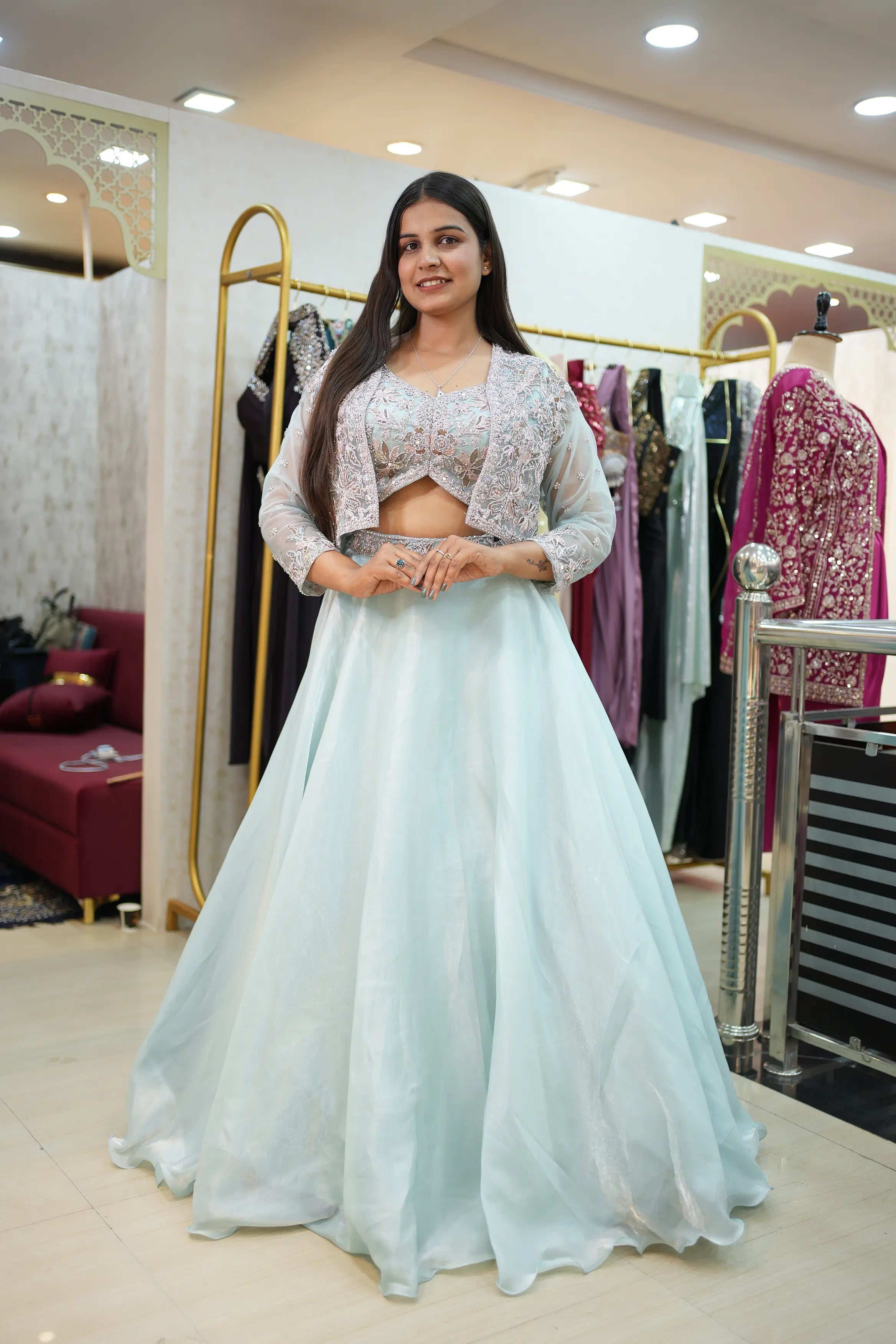 Ice Blue Embroidered Designer Lehenga Set with Embellished Jacket
