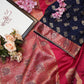 Jacquard silk saree with contrast hanwork blouse design and rich pallu ##SR099