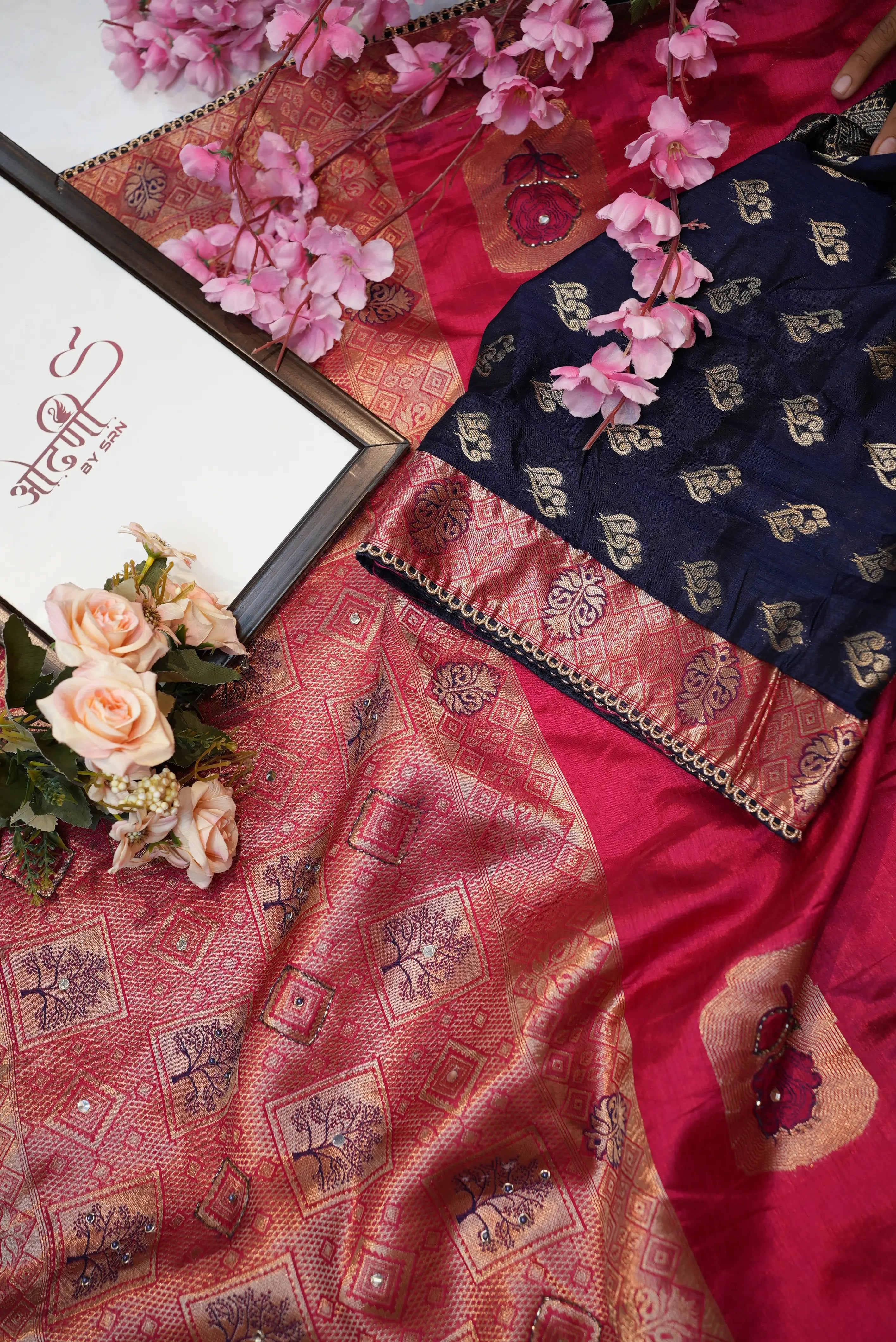 Jacquard Silk Saree with Contrast Handwork Blouse & Rich Pallu