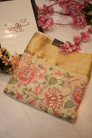 multi colour embrodry with sequence work on pure chinon fabric & zari border ##SR0100
