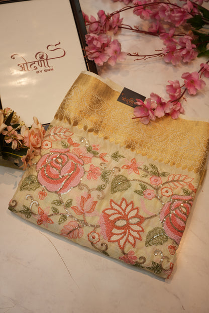 multi colour embrodry with sequence work on pure chinon fabric & zari border ##SR0100