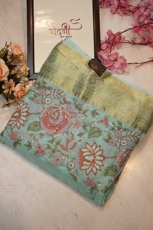 multi colour embrodry with sequence work on pure chinon fabric & zari border ##SR0100