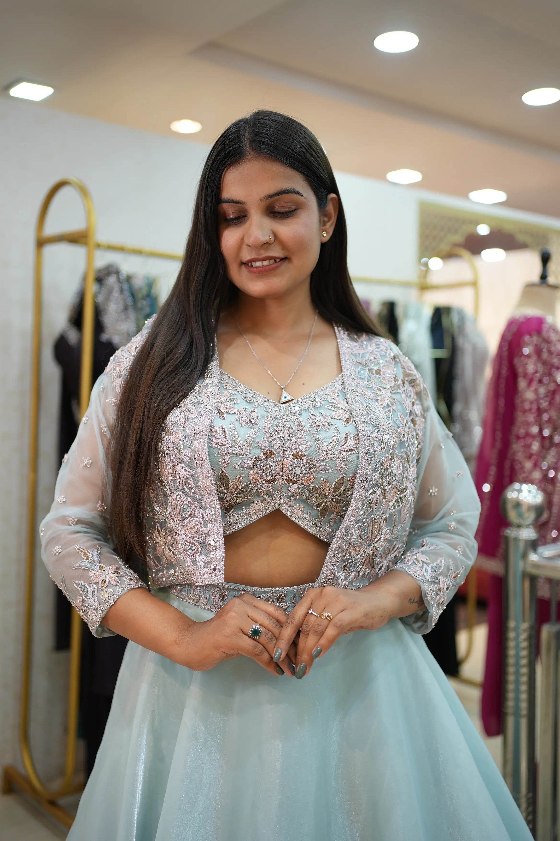 Ice Blue Embroidered Designer Lehenga Set with Embellished Jacket