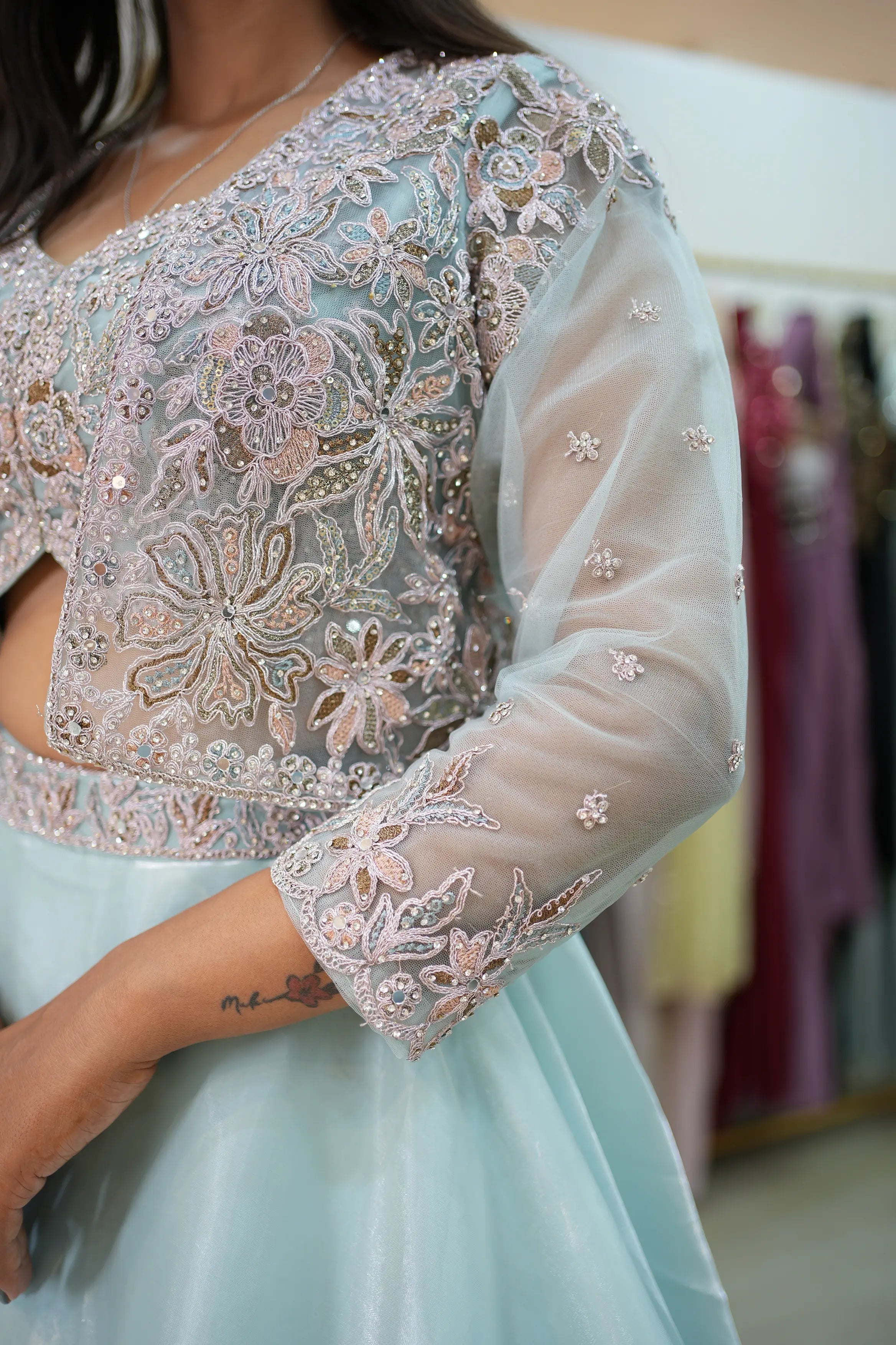 Ice Blue Embroidered Designer Lehenga Set with Embellished Jacket