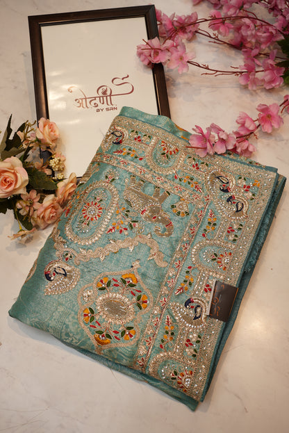 banarshi silk saree with sequence dori work with peacock pattern ##SR101