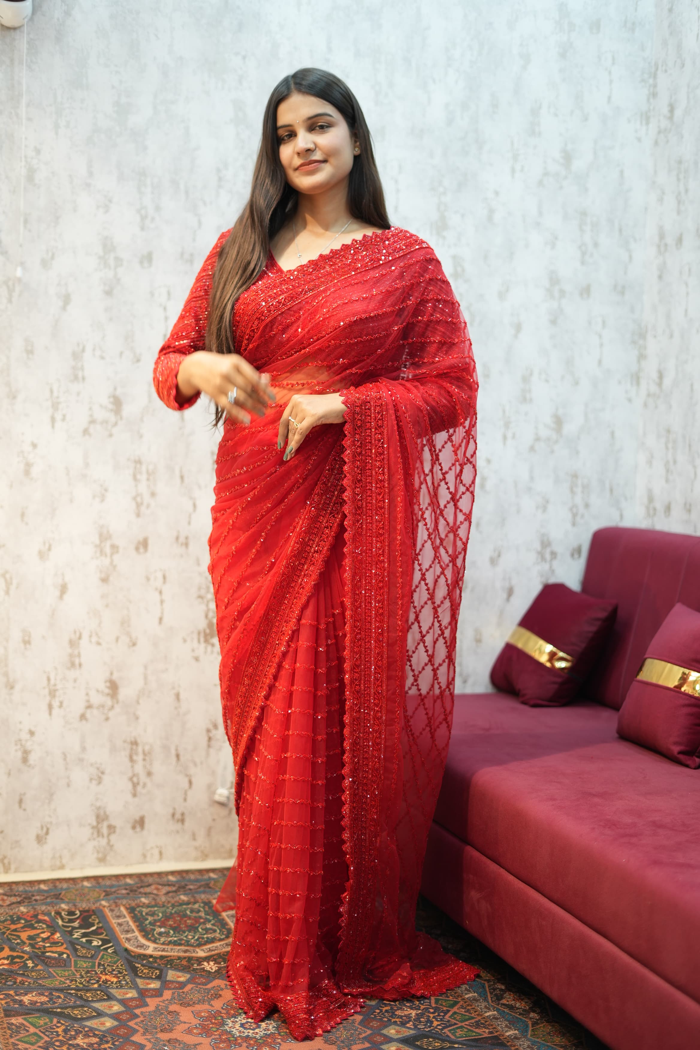 Pure Red Colour Stitch Blouse Heavy Handwork Saree