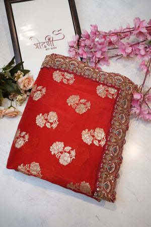 Benglori banarasi silk saree with beads work and heavy blouse in contrast work ##SR0104