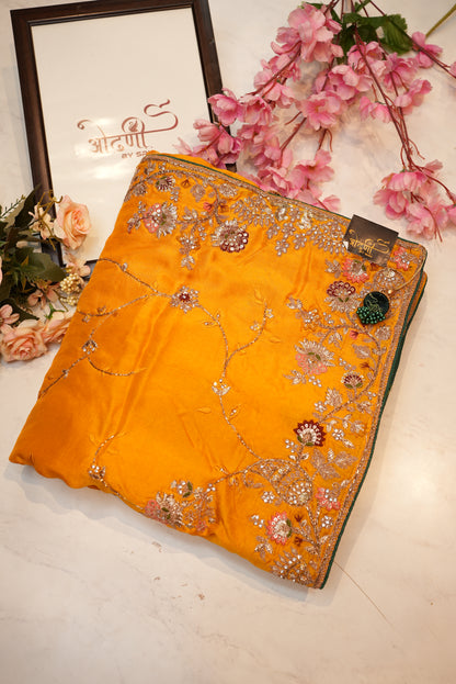 Pure banarasi silk saree with handwork and heavy kolkata work blouse in contrast ##SR0105