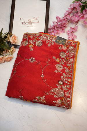 Pure banarasi silk saree with handwork and heavy kolkata work blouse in contrast ##SR0105