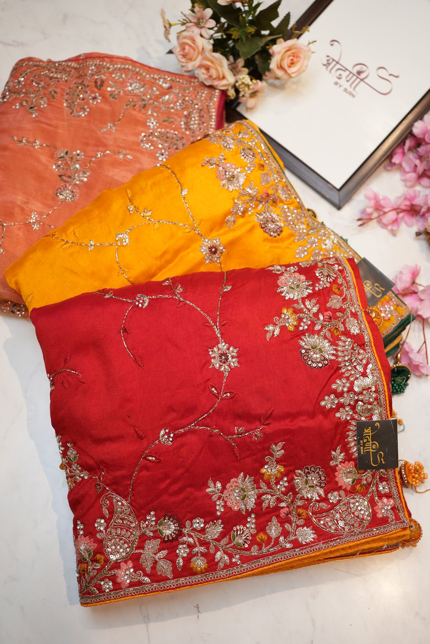 Pure banarasi silk saree with handwork and heavy kolkata work blouse in contrast ##SR0105