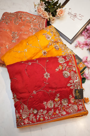 Pure banarasi silk saree with handwork and heavy kolkata work blouse in contrast ##SR0105