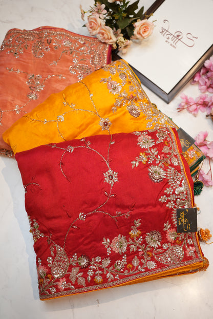 Pure banarasi silk saree with handwork and heavy kolkata work blouse in contrast ##SR0105
