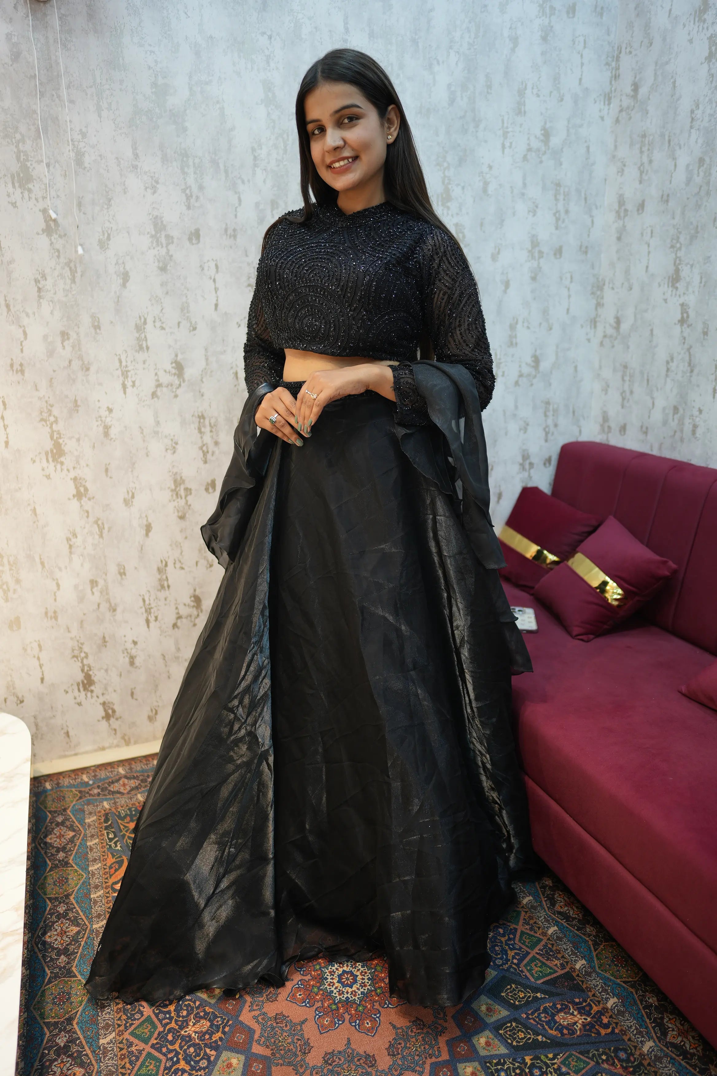 Midnight Black Embellished Indo-Western Crop Top Lehenga & Flared Skirt Set