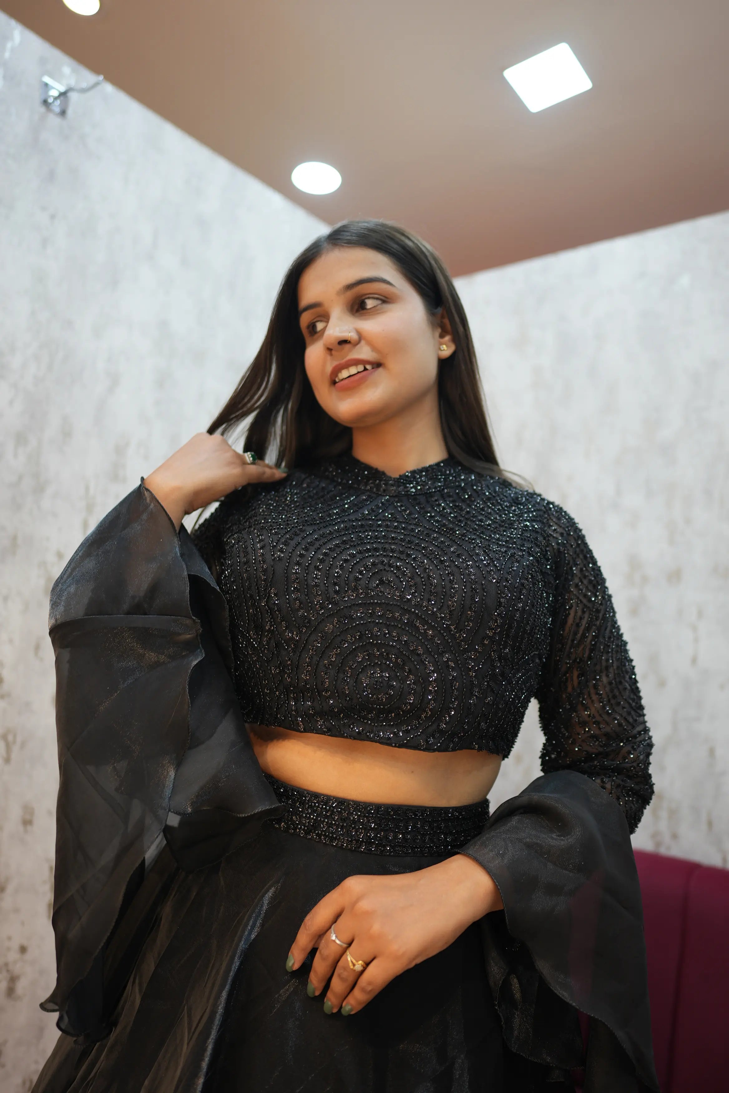 Midnight Black Embellished Indo-Western Crop Top Lehenga & Flared Skirt Set