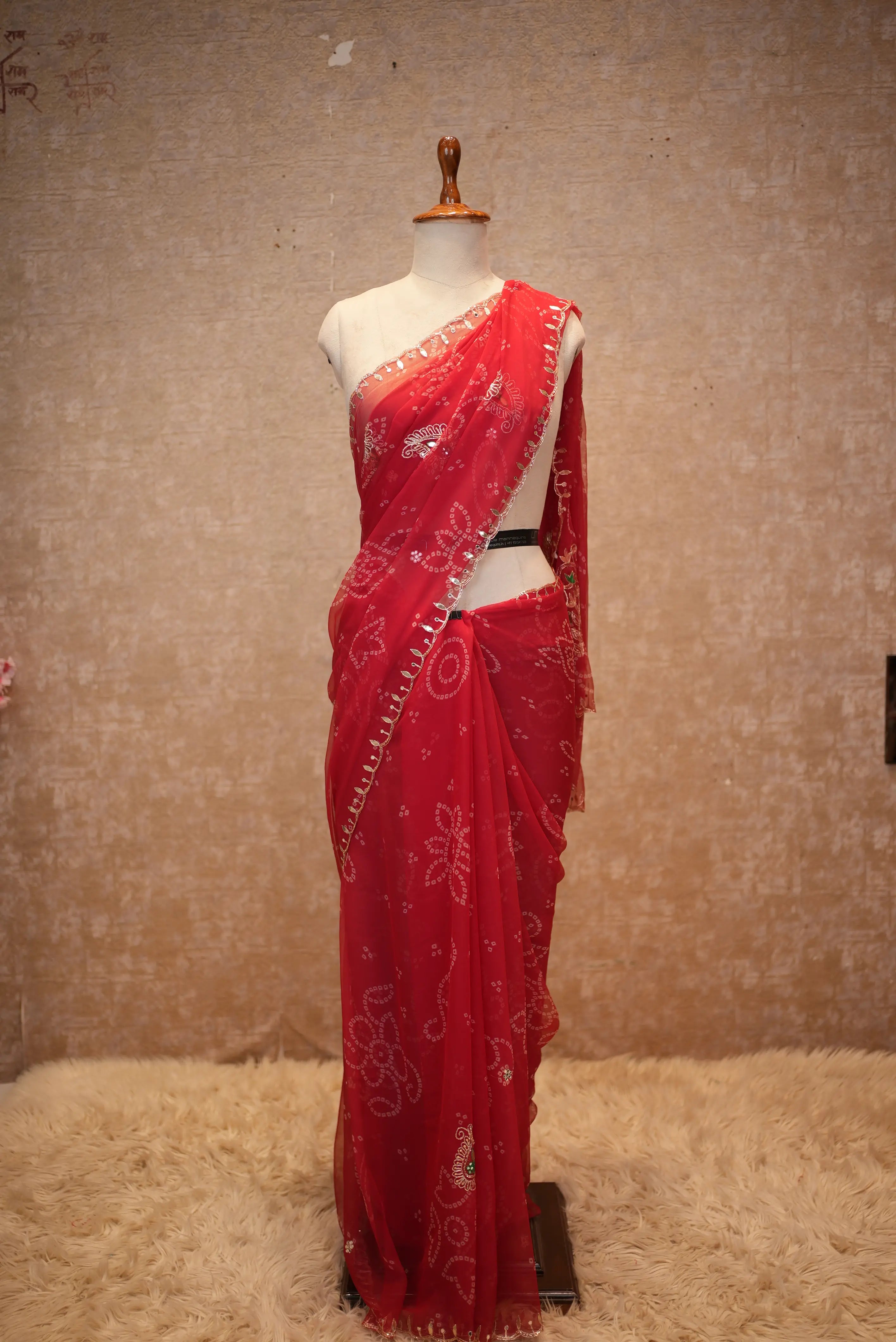 Vintage Buta Work Fancy Bandhani Saree (With Runing Blouse)