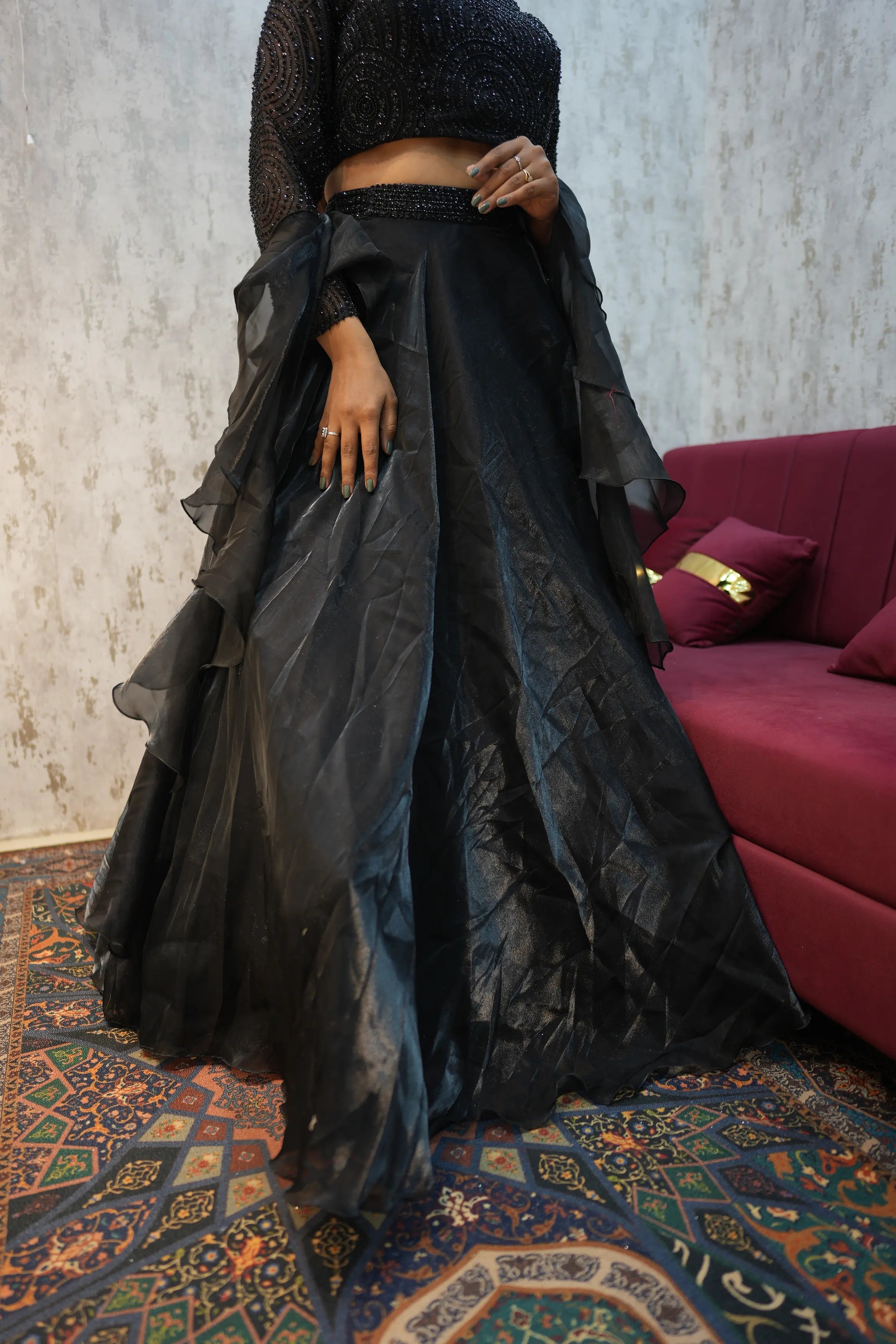 Midnight Black Embellished Indo-Western Crop Top Lehenga & Flared Skirt Set