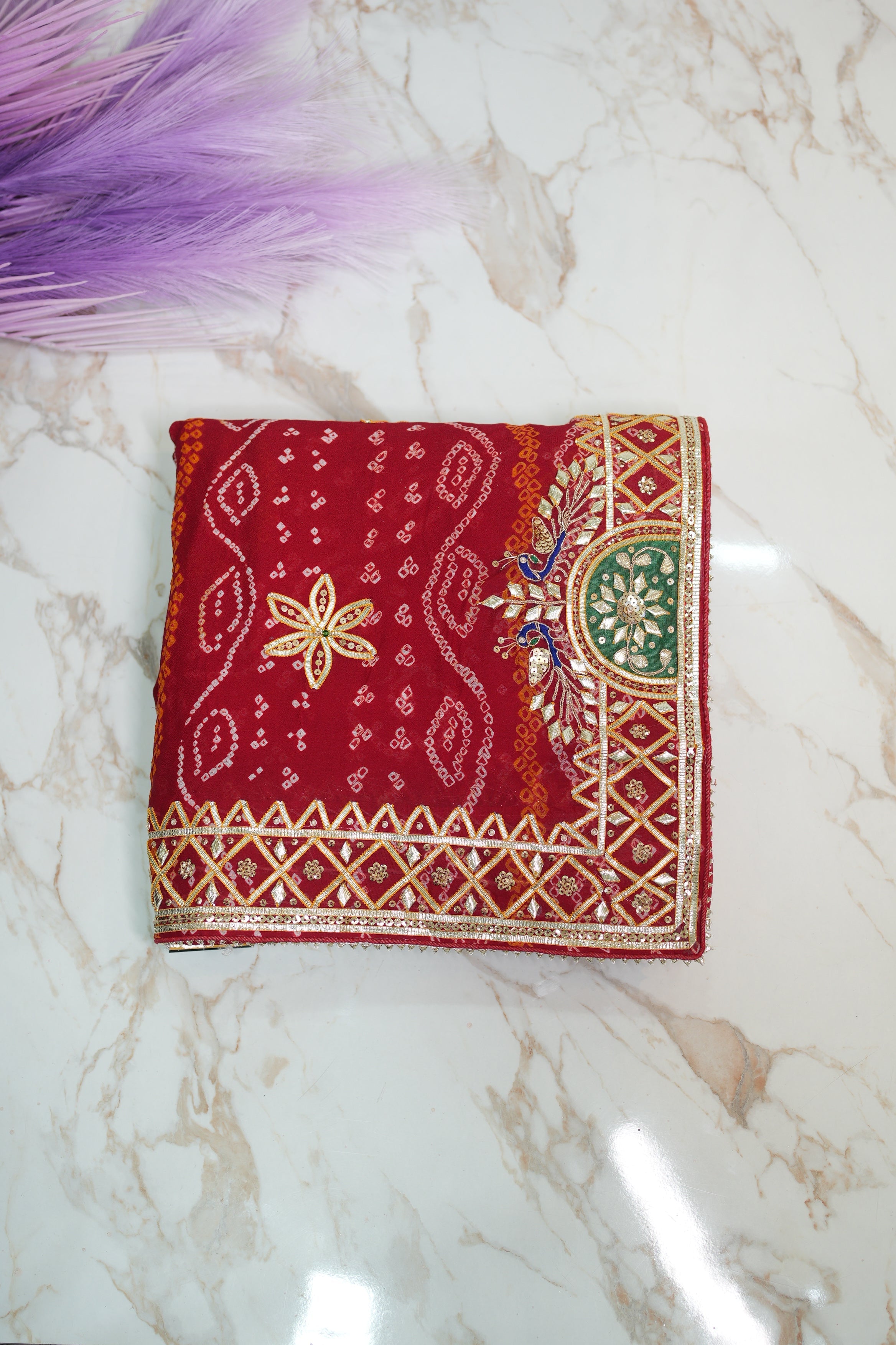 Rai Bandhej Pure ojariya Chunri Saree Embalish With Charkhi Gota Zardosi Handwork