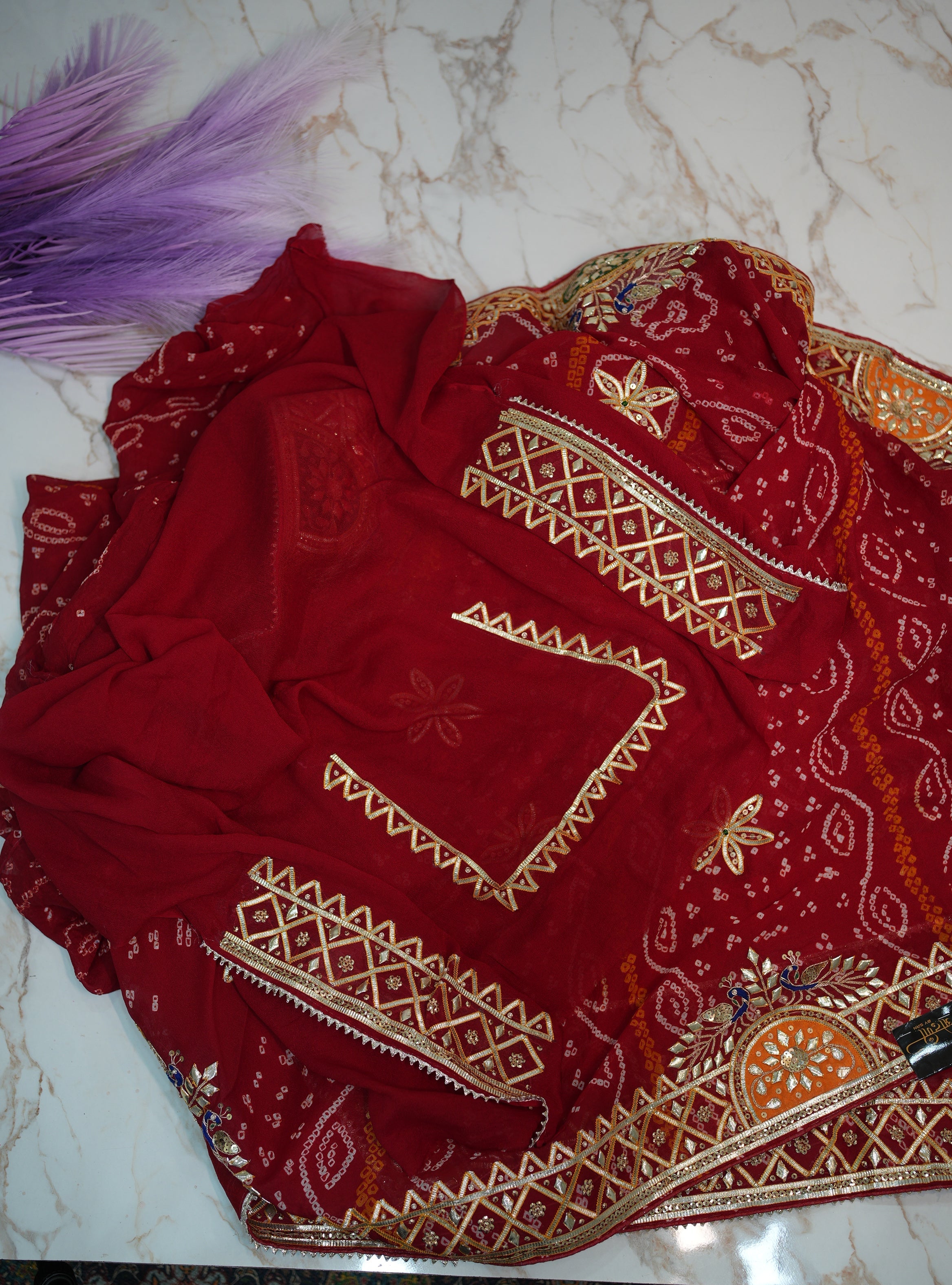 Rai Bandhej Pure ojariya Chunri Saree Embalish With Charkhi Gota Zardosi Handwork