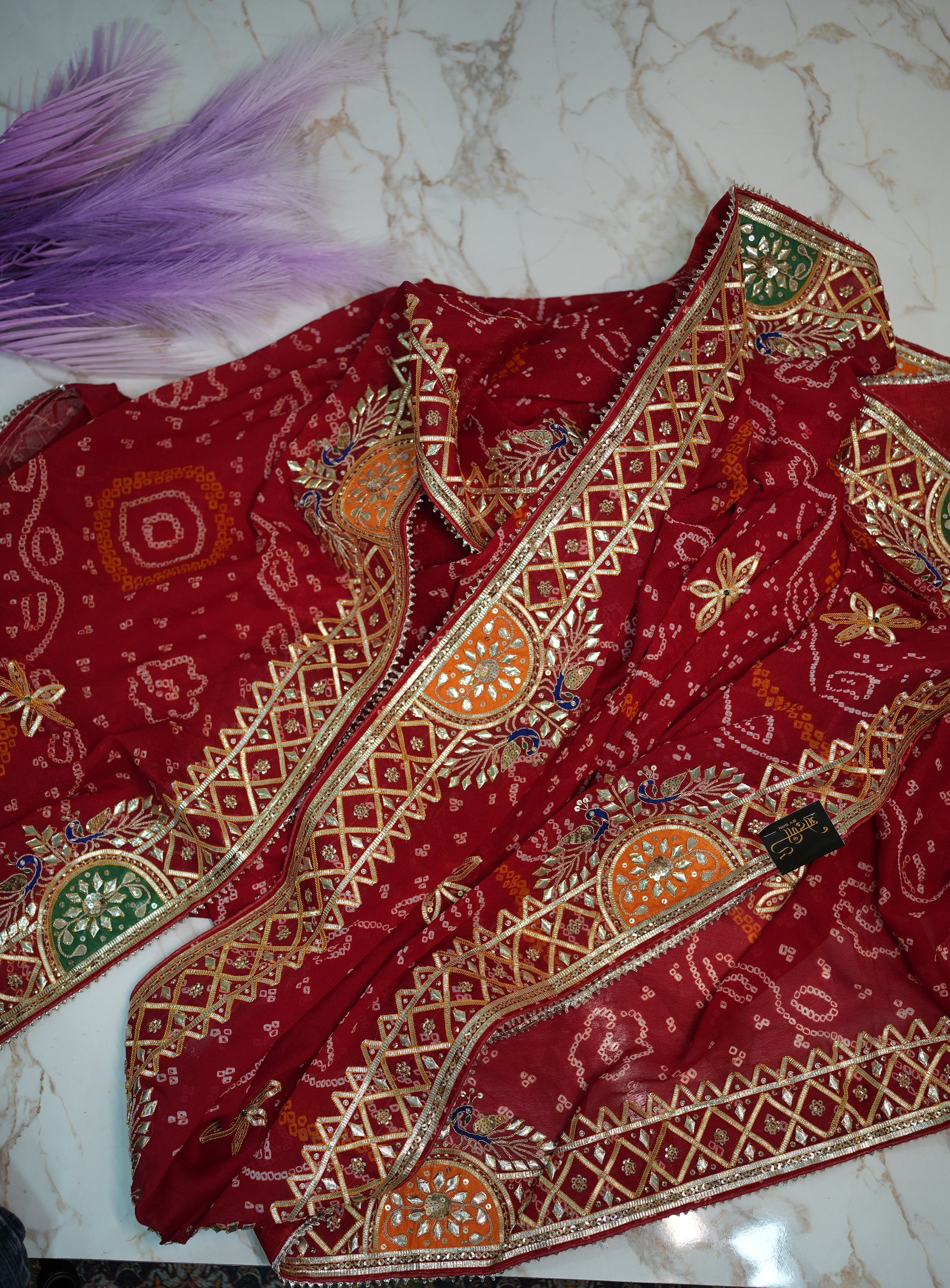 Rai Bandhej Pure ojariya Chunri Saree Embalish With Charkhi Gota Zardosi Handwork