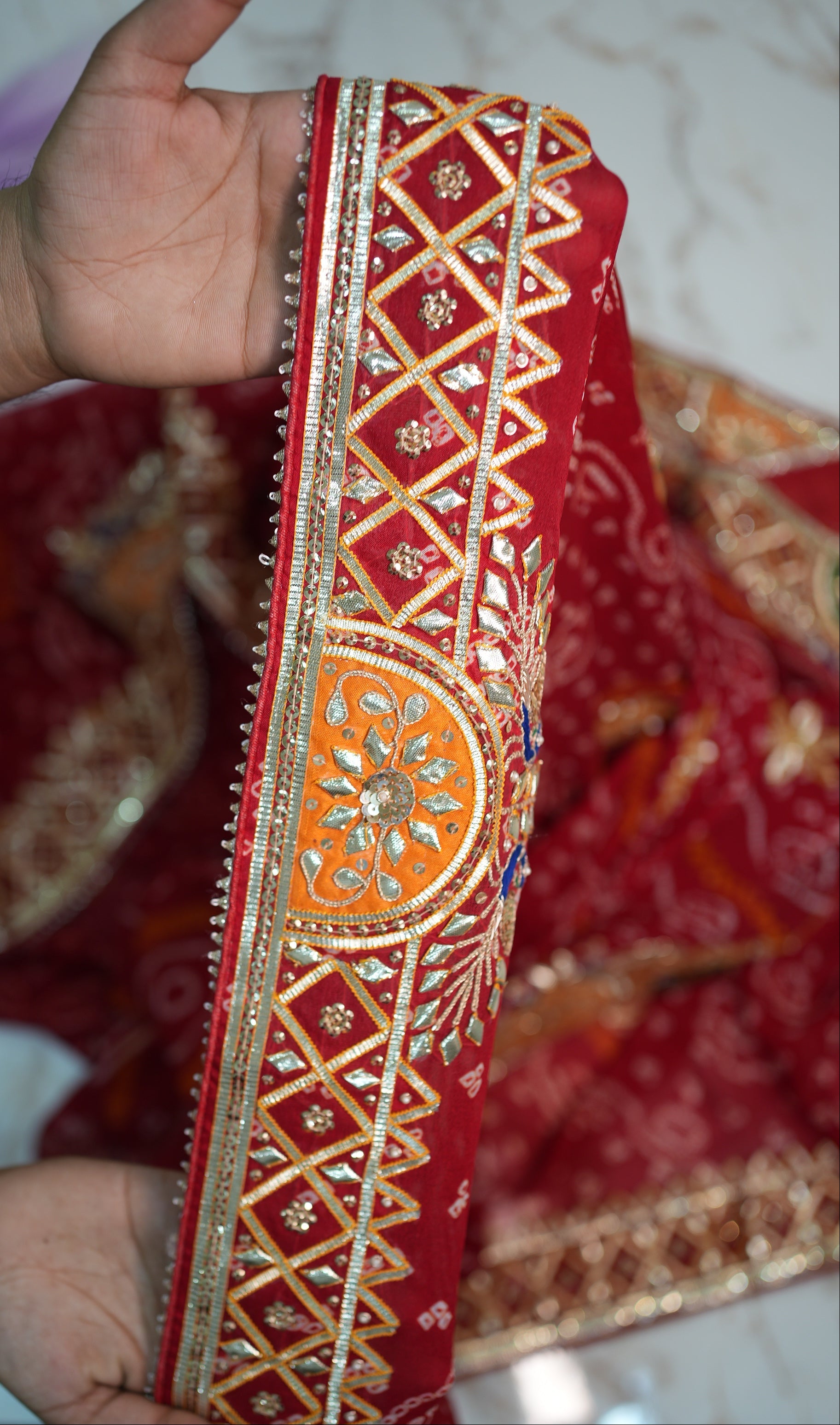Rai Bandhej Pure ojariya Chunri Saree Embalish With Charkhi Gota Zardosi Handwork