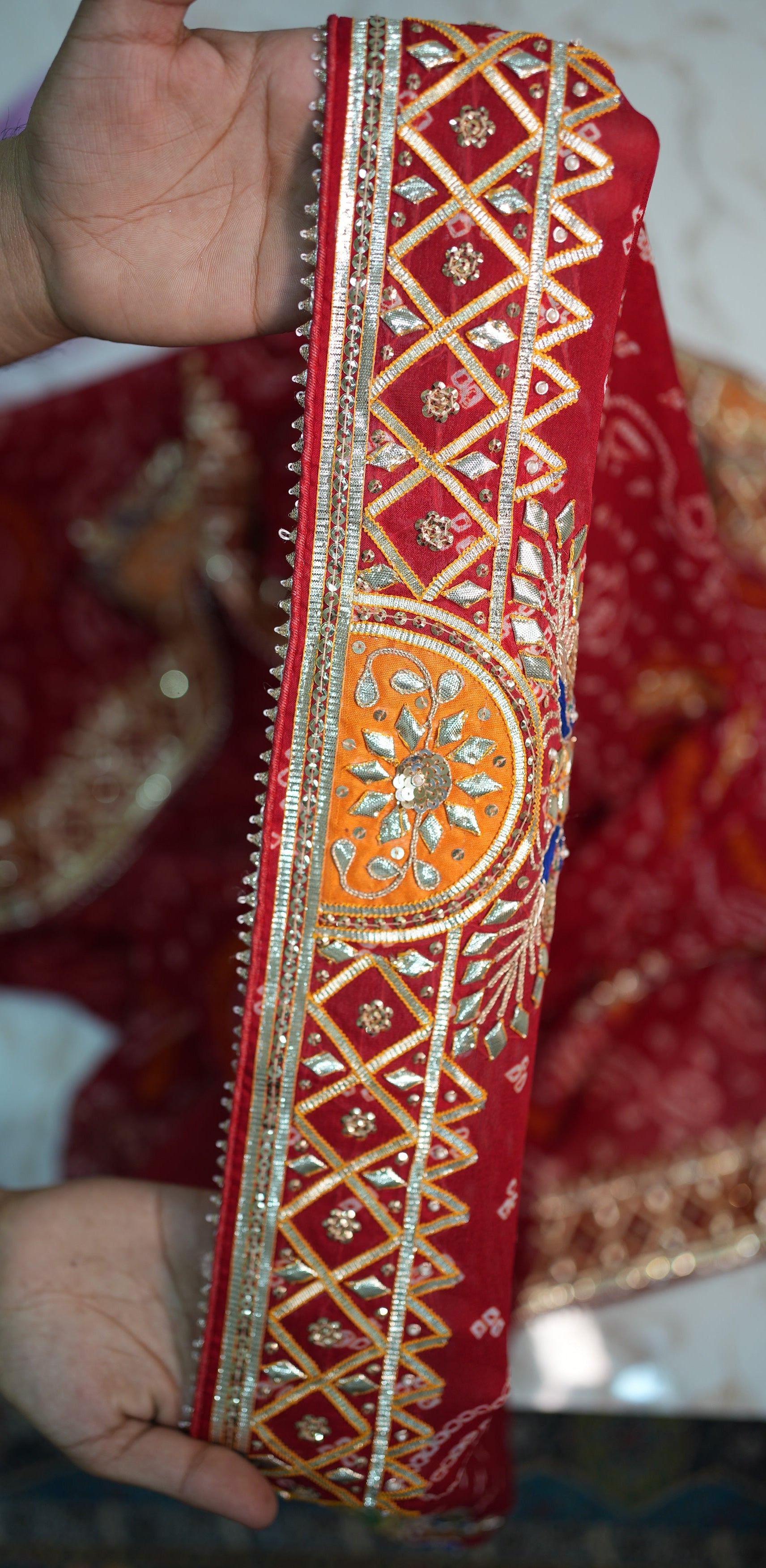 Rai Bandhej Pure ojariya Chunri Saree Embalish With Charkhi Gota Zardosi Handwork