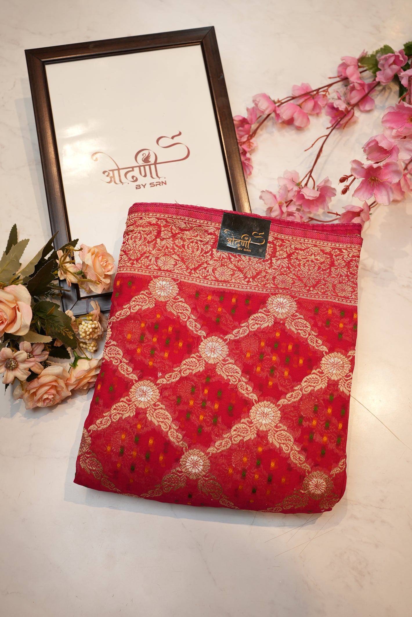 Viscose georgette fabric saree with zari weaving and bandhni pattern with heavy blouse ##SR0111