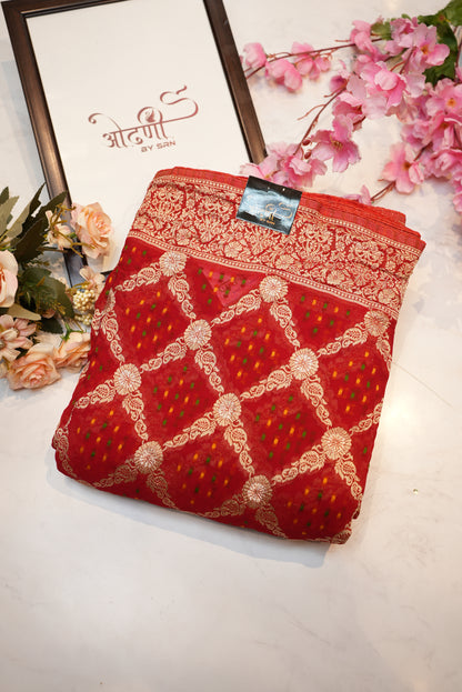 Viscose georgette fabric saree with zari weaving and bandhni pattern with heavy blouse ##SR0111