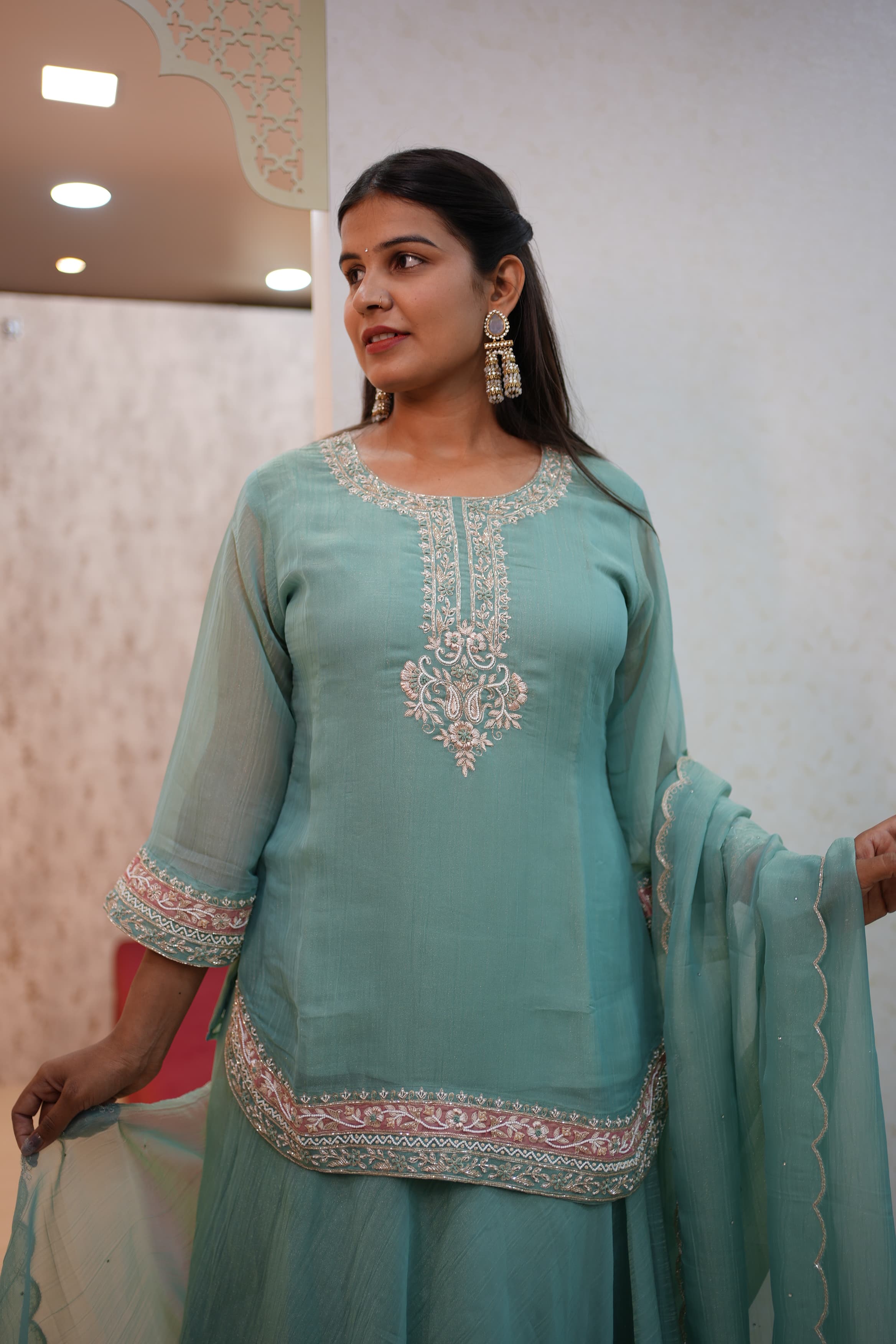 Tissue Silk Fabric Crop Top With Zardozi Handwork (Indo-Western)