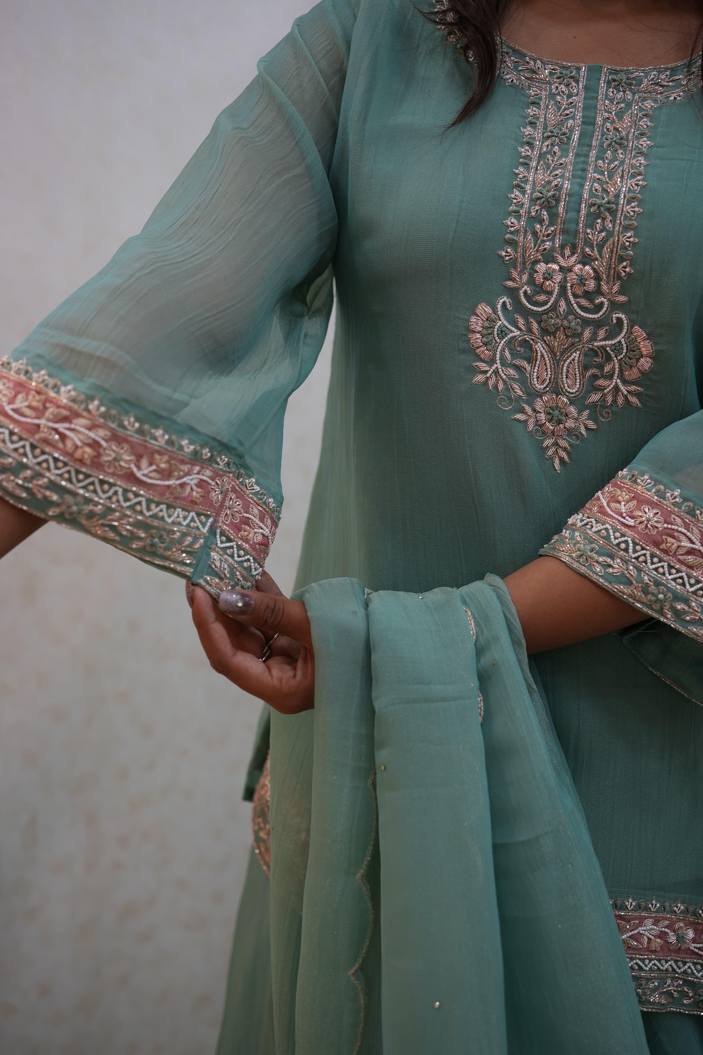 Tissue Silk Fabric Crop Top With Zardozi Handwork (Indo-Western)