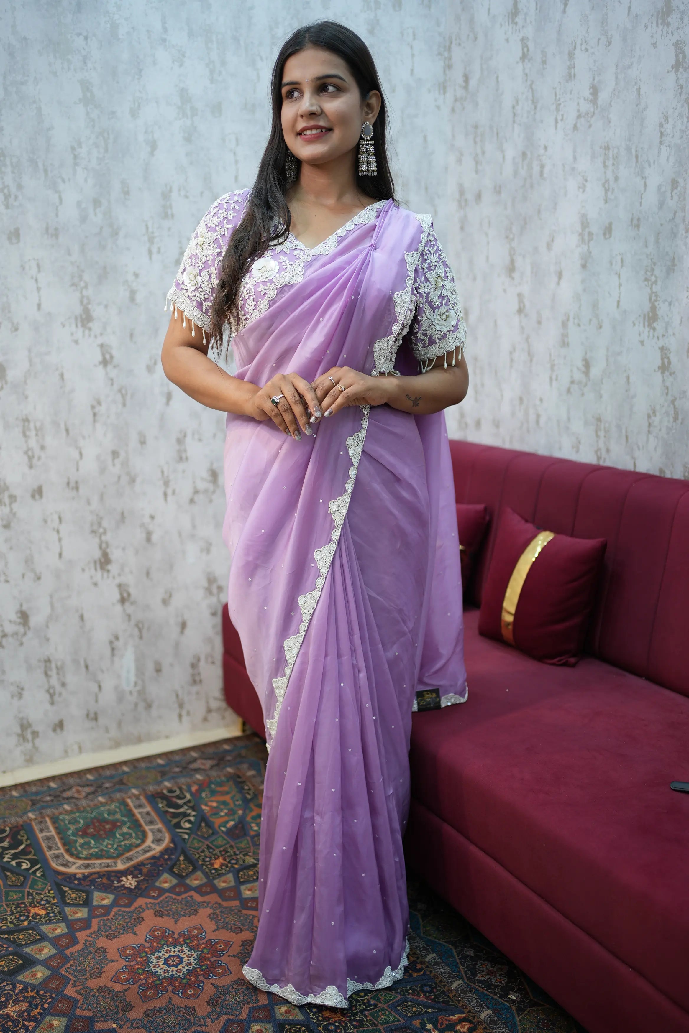 Elegant Lavender Designer Saree with Embroidered Blouse – Graceful Party Wear Collection