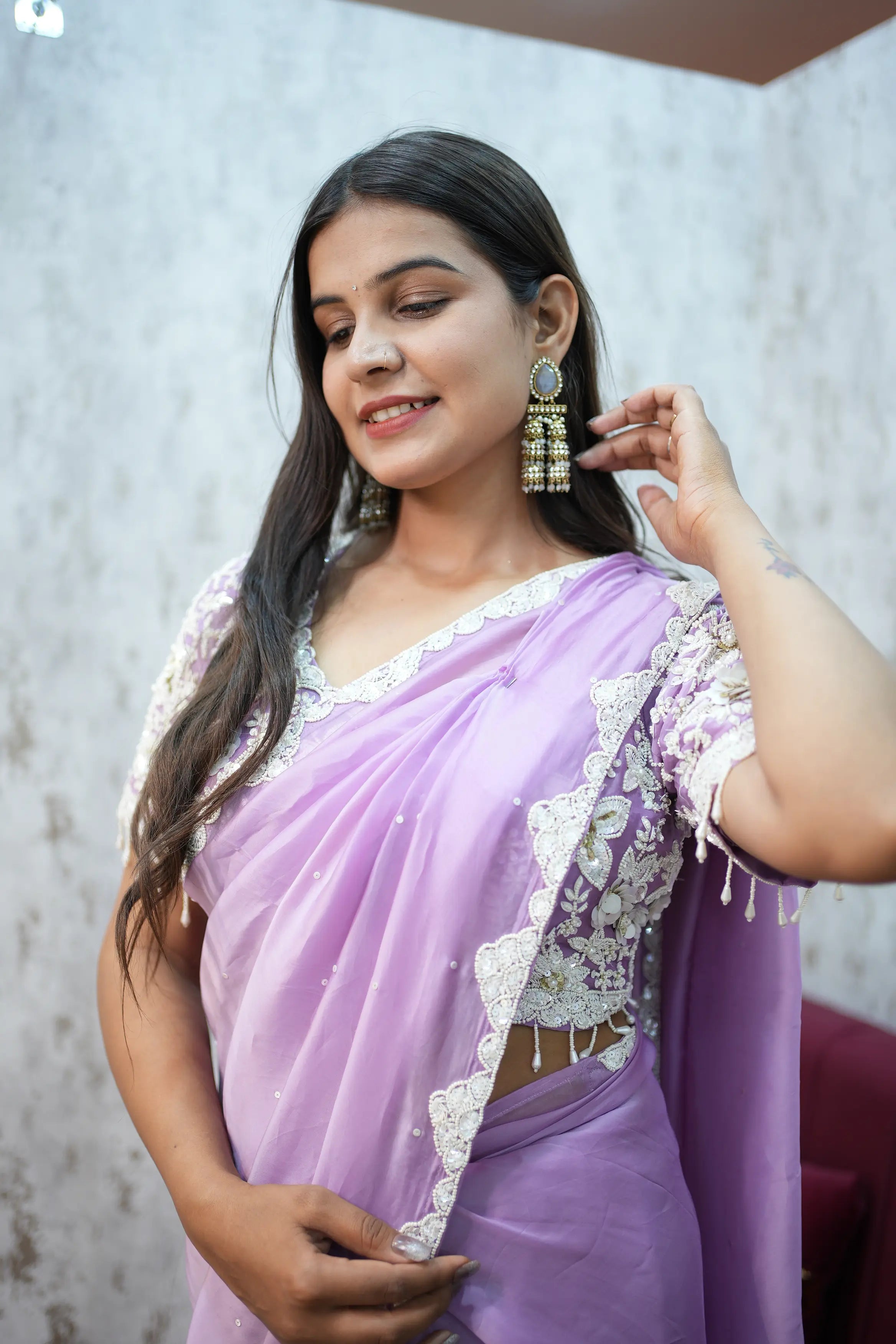 Elegant Lavender Designer Saree with Embroidered Blouse – Graceful Party Wear Collection