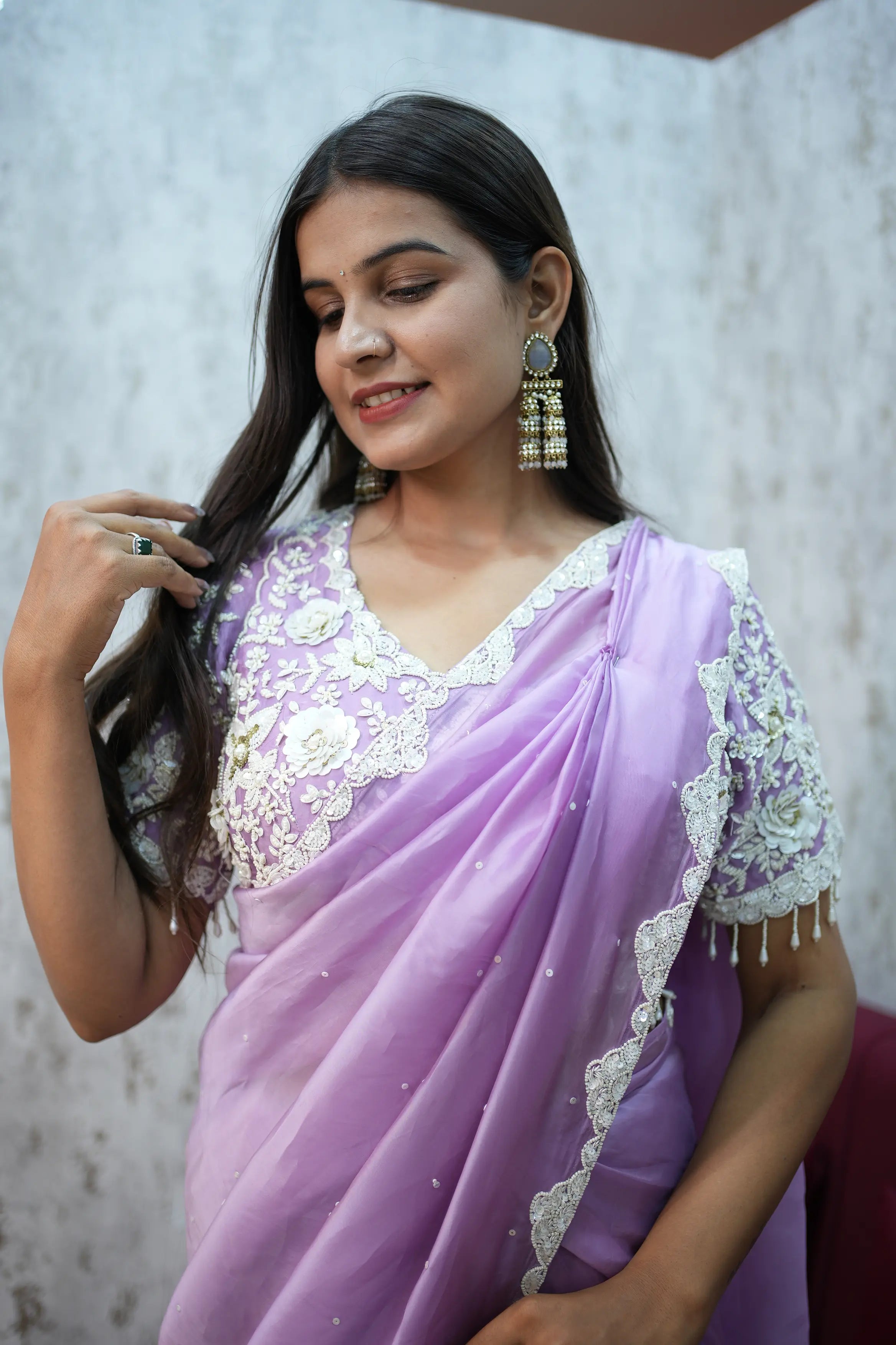 Elegant Lavender Designer Saree with Embroidered Blouse – Graceful Party Wear Collection