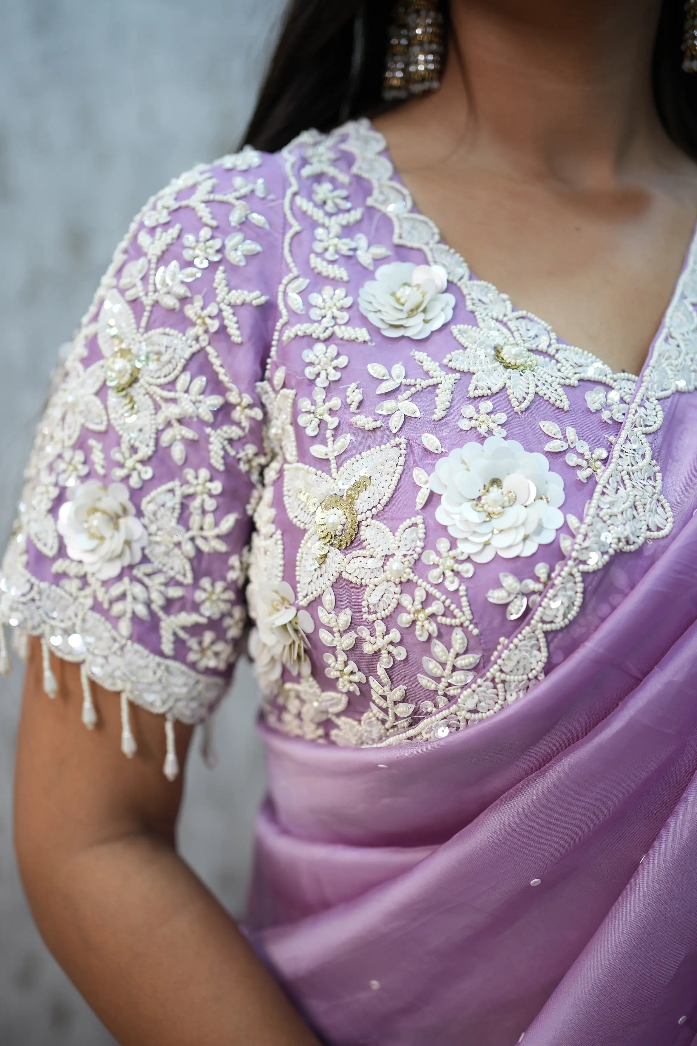 Elegant Lavender Designer Saree with Embroidered Blouse – Graceful Party Wear Collection