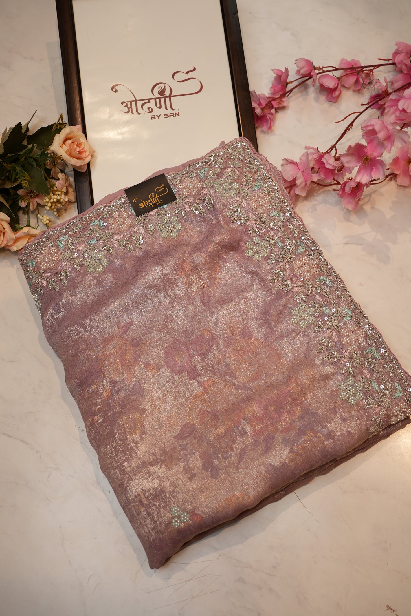 Glass tissue fabric saree with pure handwork and heavy blouse ##SR0116