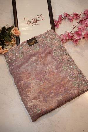 Glass tissue fabric saree with pure handwork and heavy blouse ##SR0116