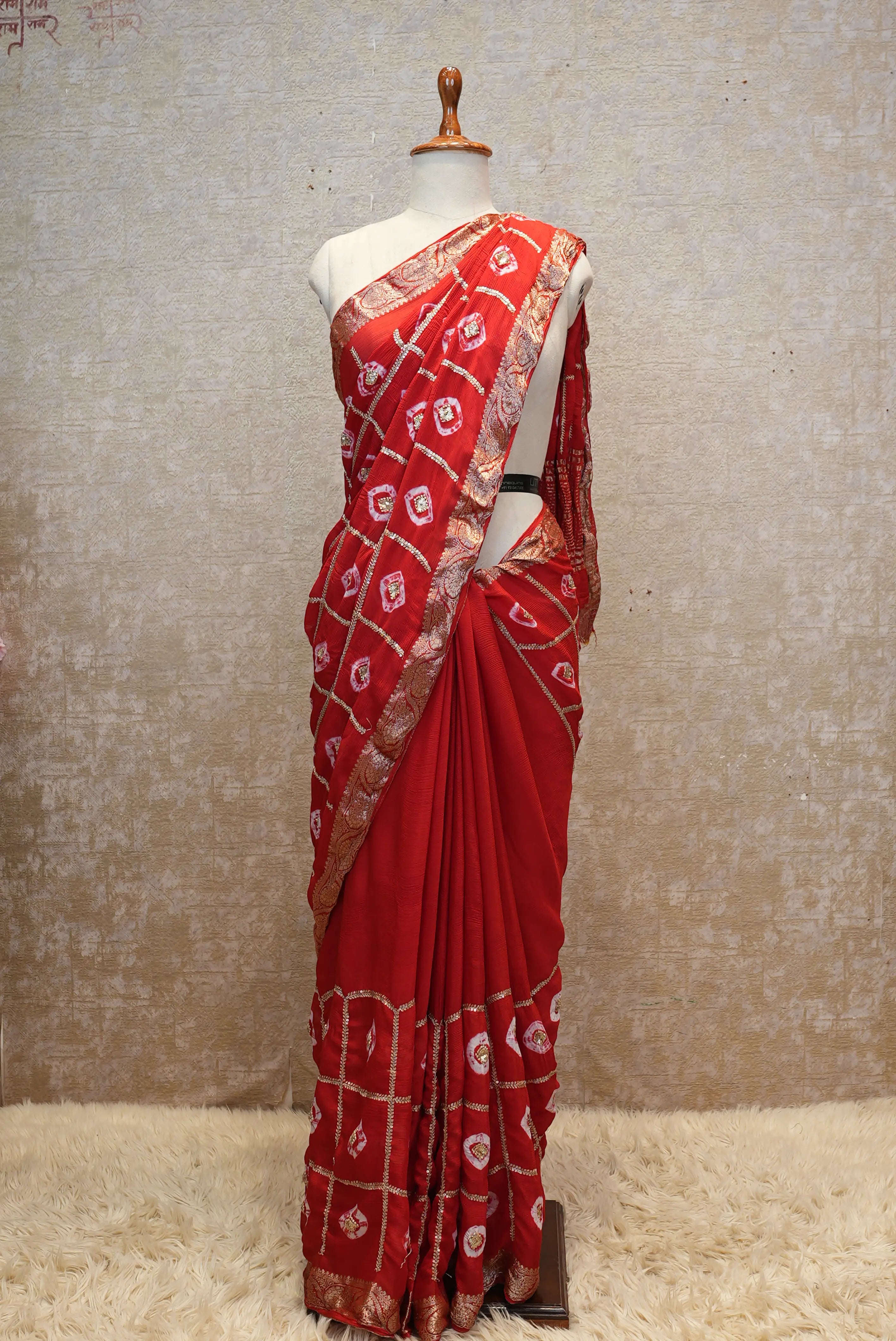 Pure Chinon Fabric Hand Bandhej Saree with Sequins & Aari-Tari Work