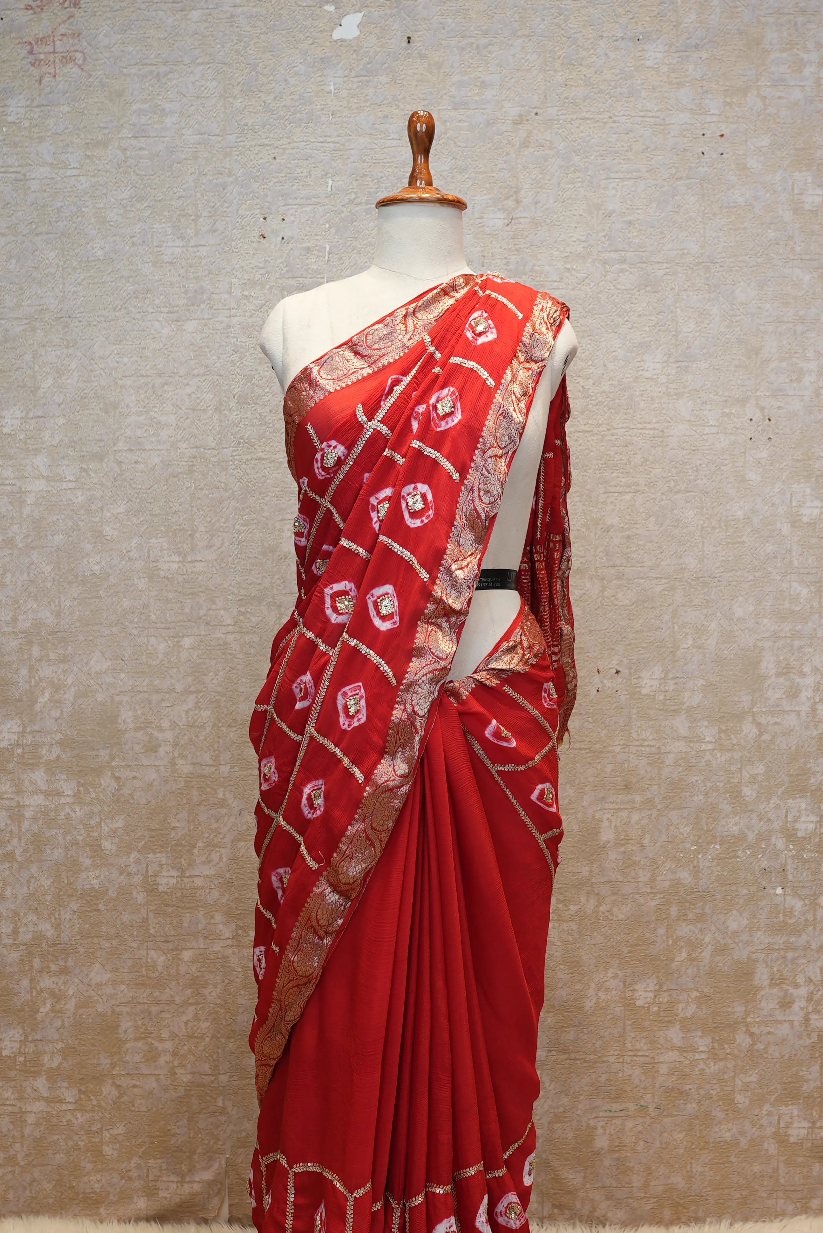 Pure Chinon Fabric Hand Bandhej Saree with Sequins & Aari-Tari Work