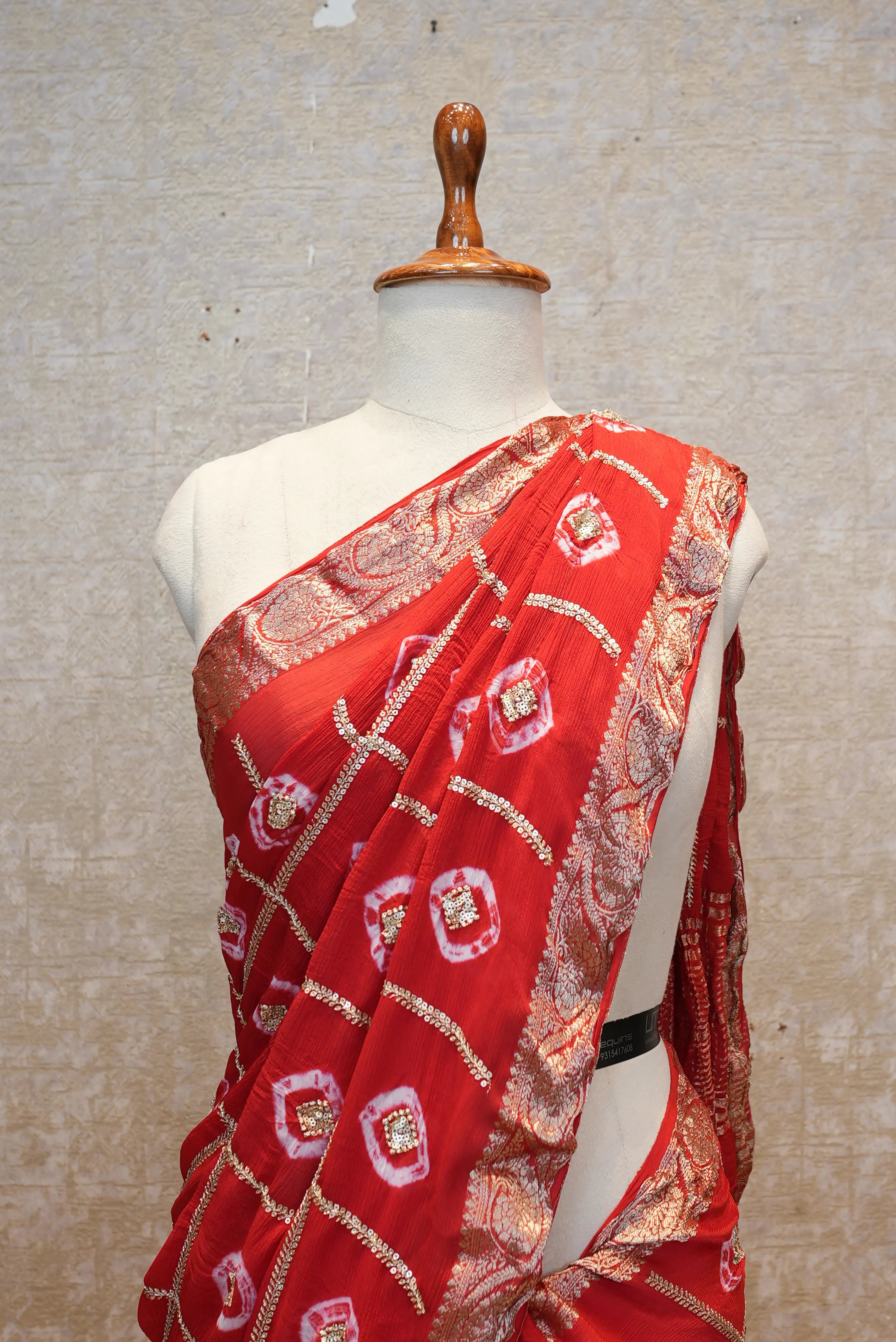 Pure Chinon Fabric Hand Bandhej Saree with Sequins & Aari-Tari Work
