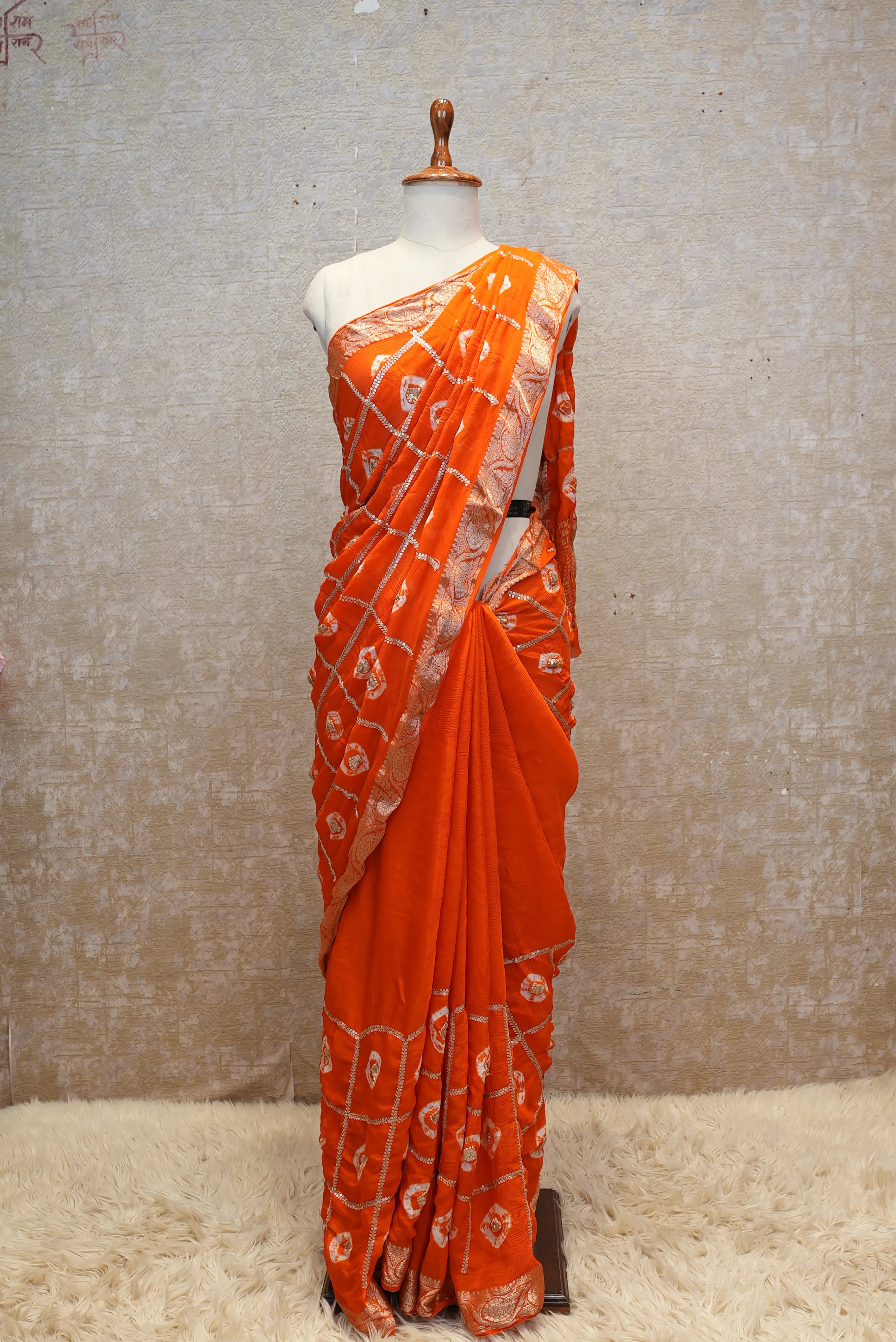 Pure Chinon Fabric Hand Bandhej Saree with Sequins & Aari-Tari Work