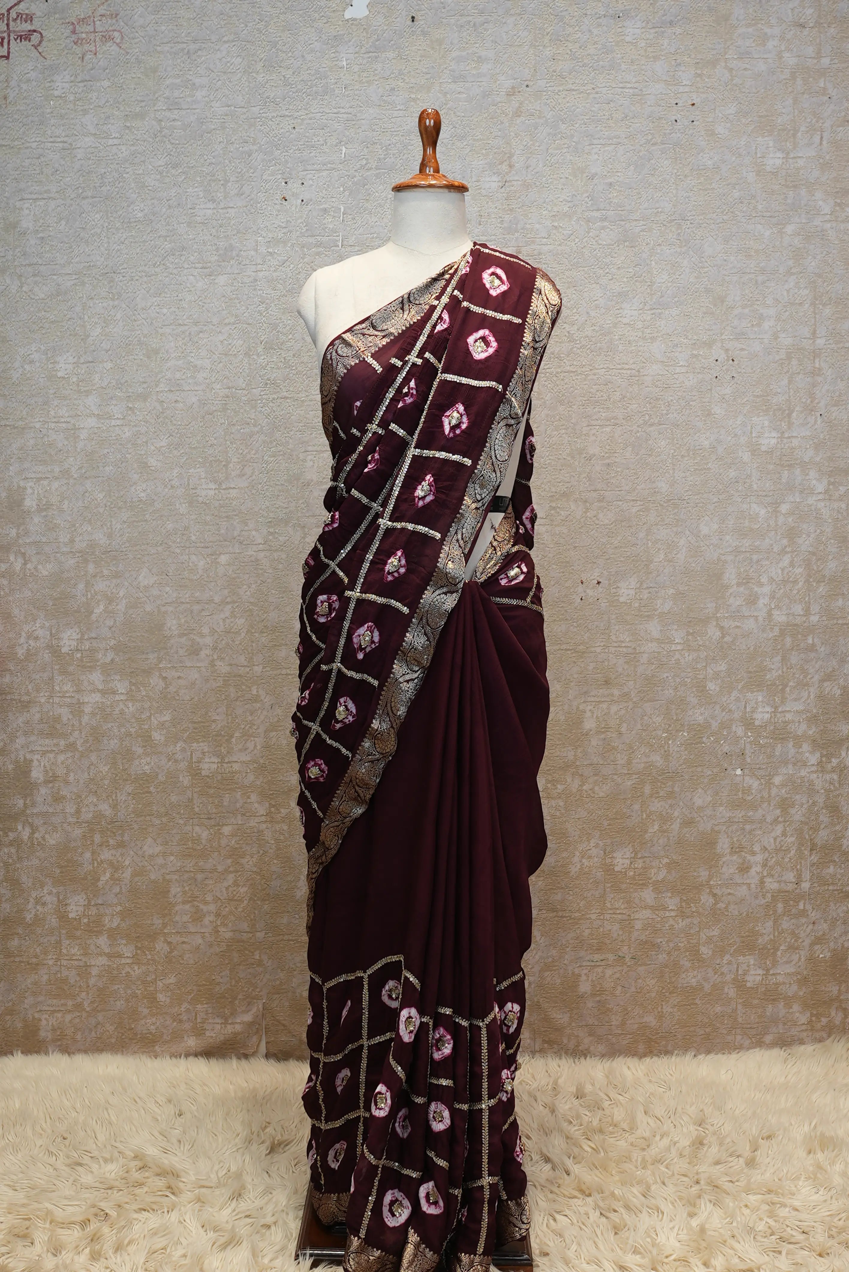 Pure Chinon Fabric Hand Bandhej Saree with Sequins & Aari-Tari Work