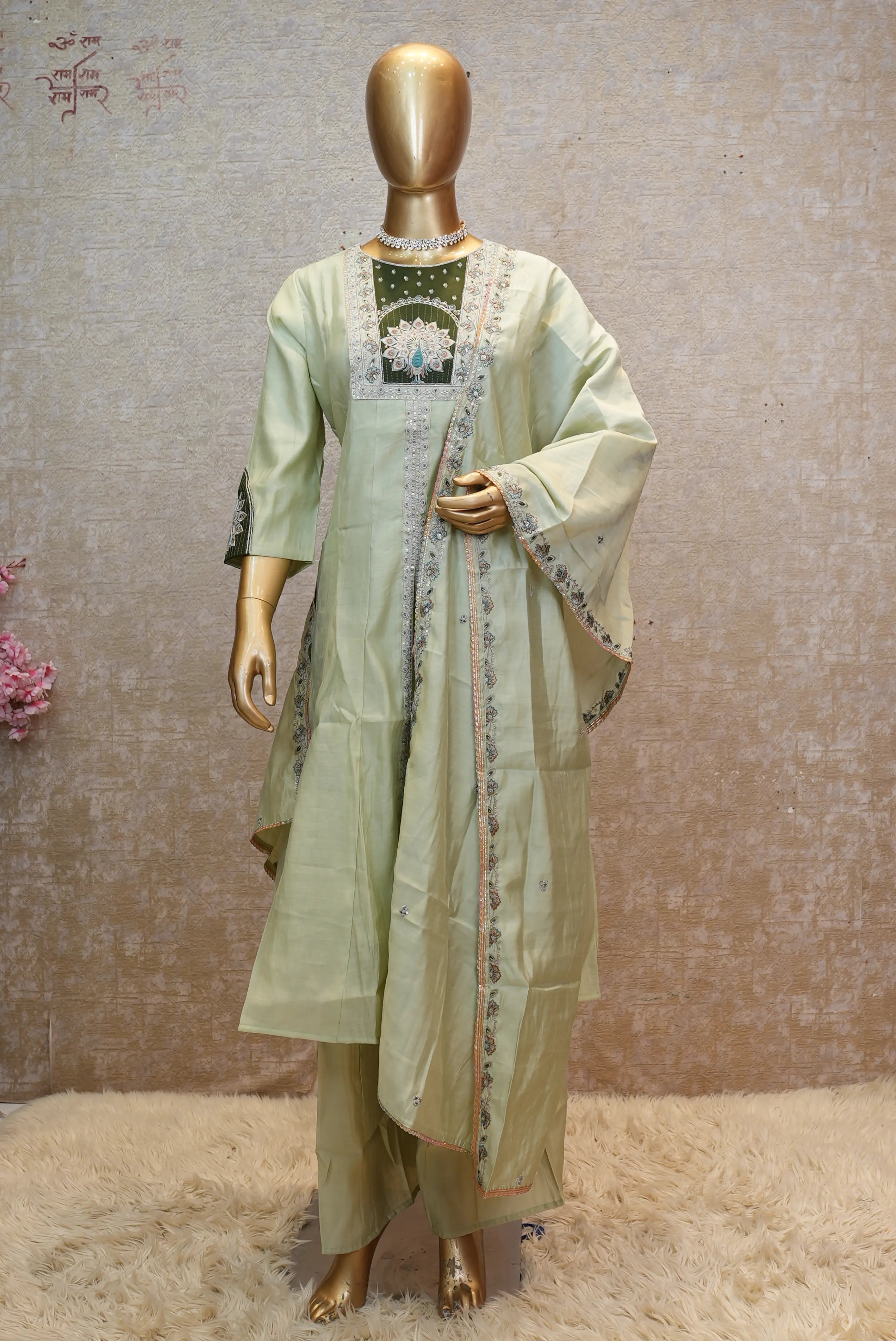 Elegant Pastel Green Kurta Set with Embroidered Dupatta