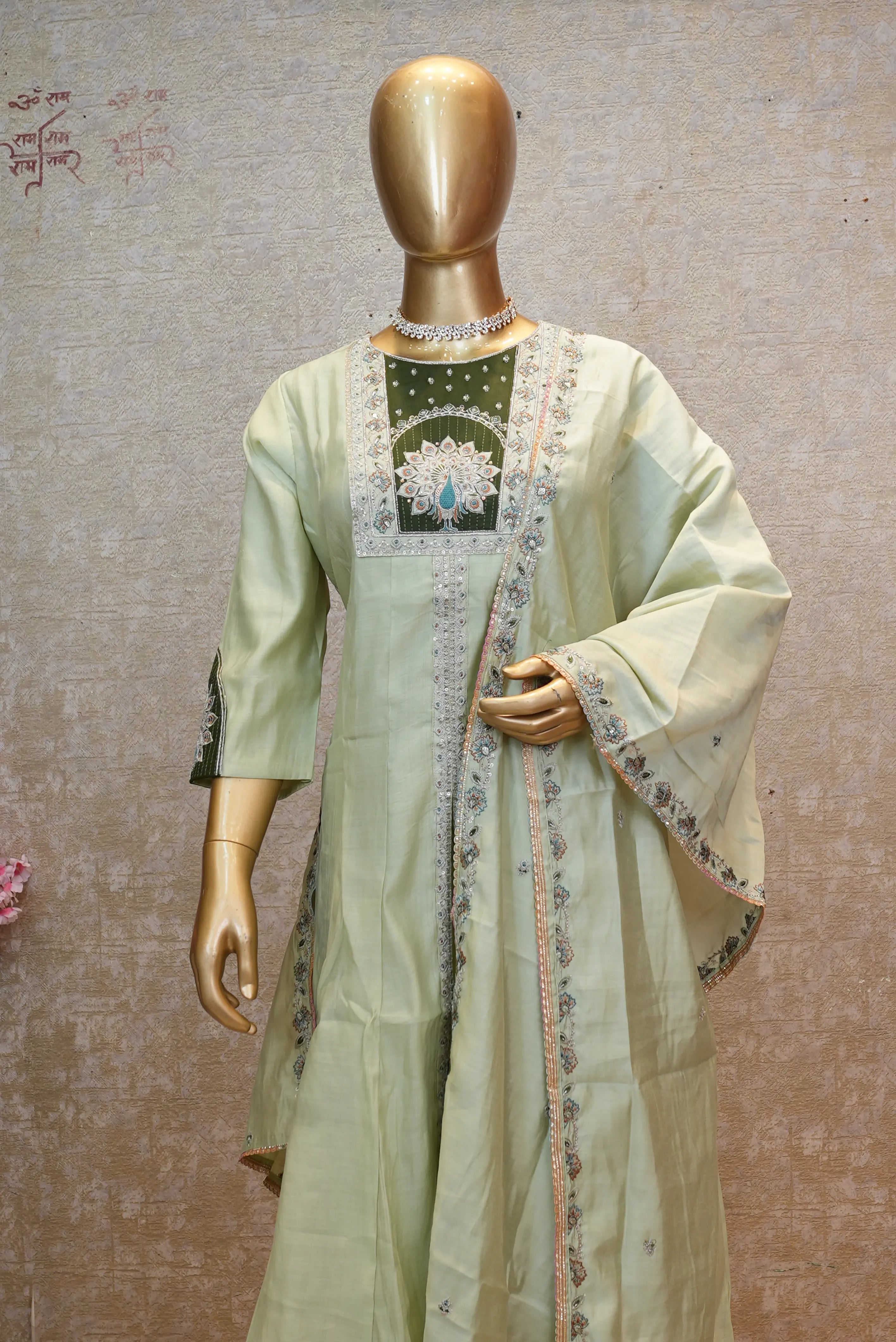 Elegant Pastel Green Kurta Set with Embroidered Dupatta