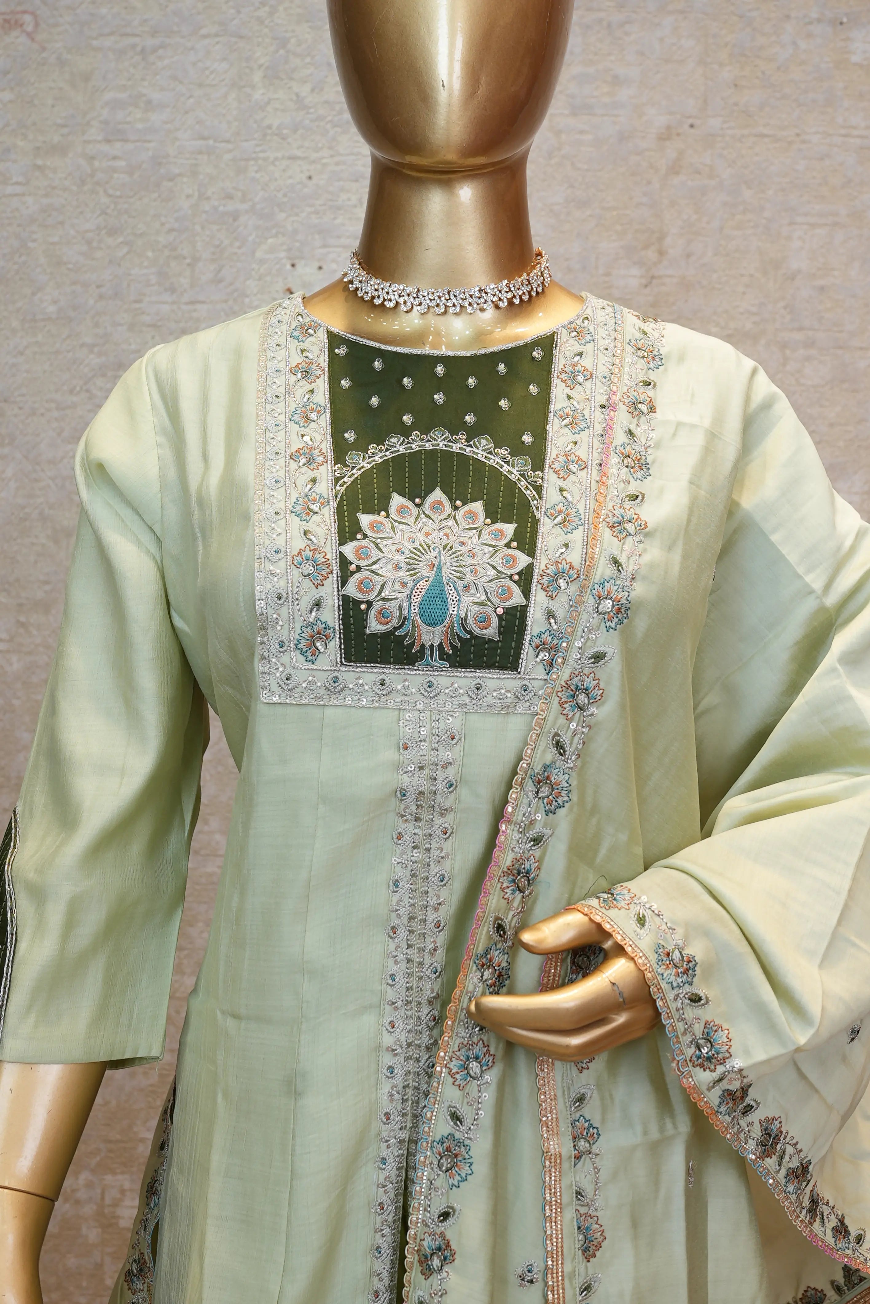 Elegant Pastel Green Kurta Set with Embroidered Dupatta